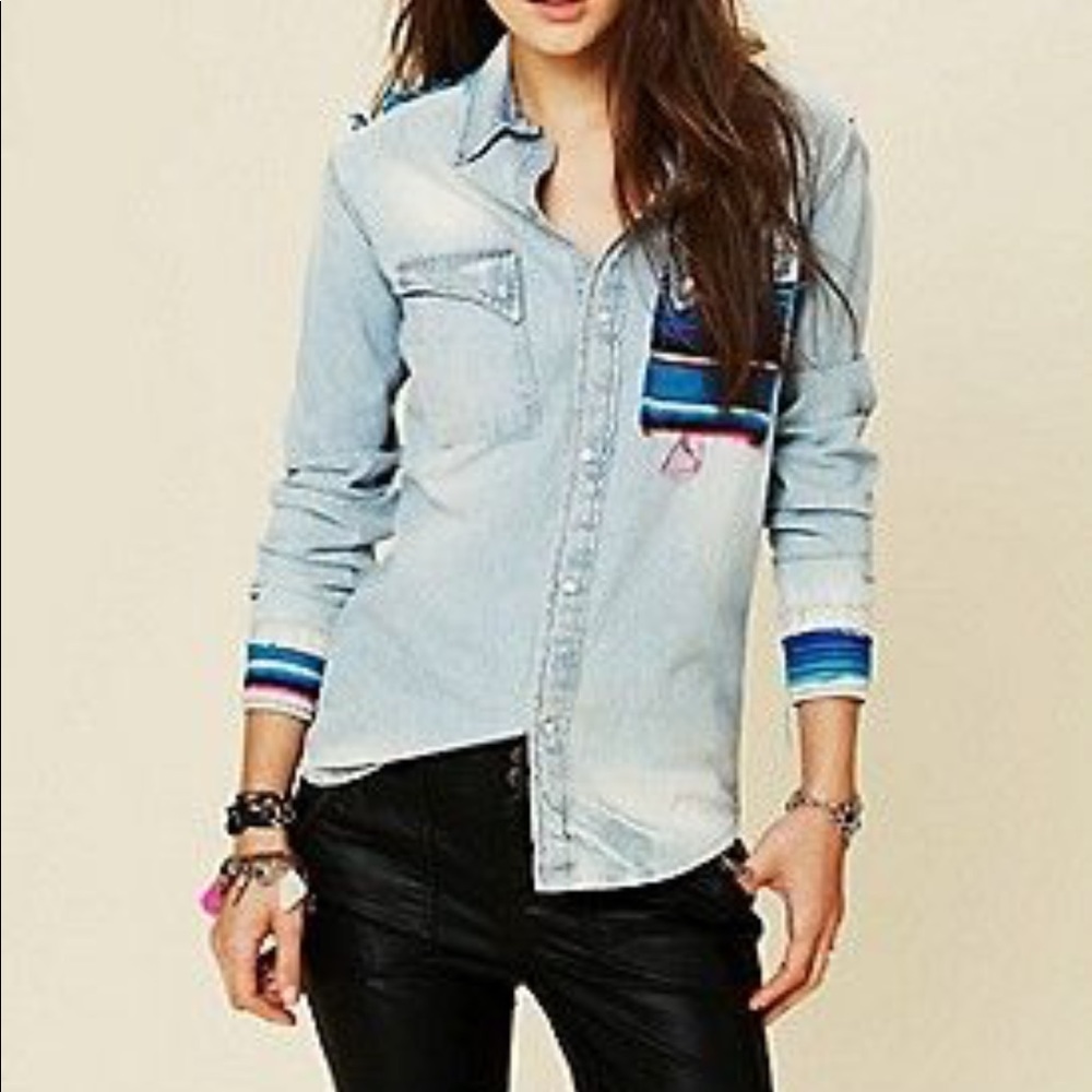 Free People Light Wash Denim Button-Down Shirt with Blue Stripe Accents